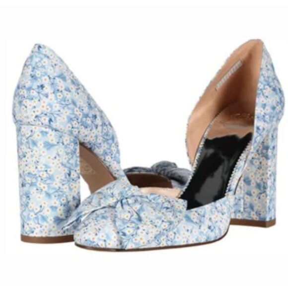 J. Crew Shoes - J. Crew High Heel Pumps Blue White Floral D'orsay Block Heeled Dressy Bow Shoes